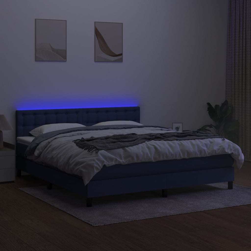 kék szövet rugós és LED-es ágy matraccal 180 x 200 cm