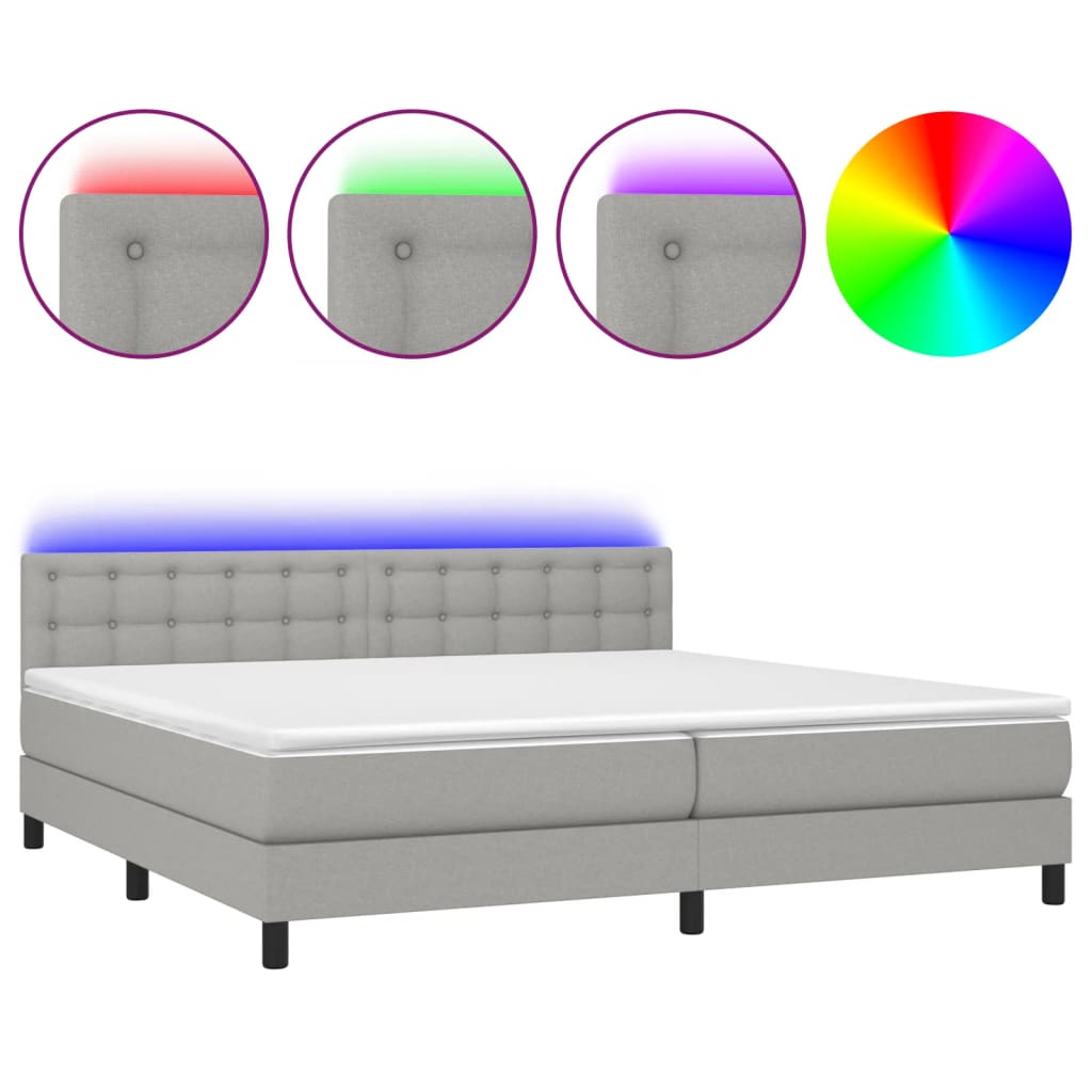 világosszürke szövet rugós és LED-es ágy matraccal 200x200 cm