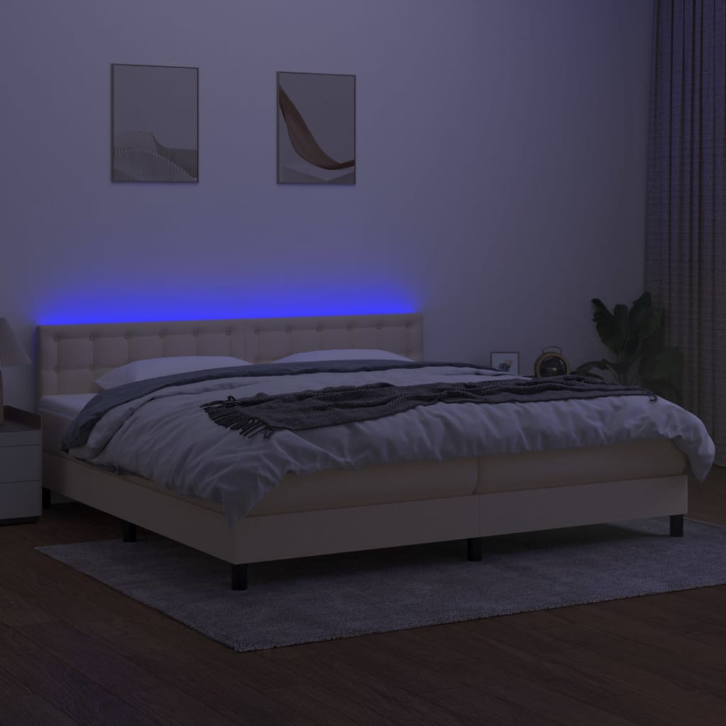 krémszínű szövet rugós és LED-es ágy matraccal 200 x 200 cm