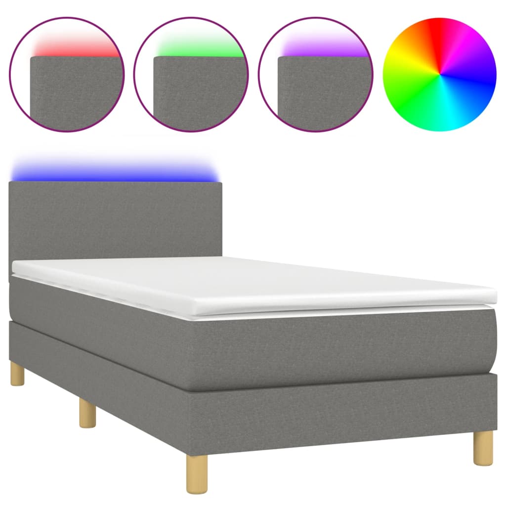 sötétszürke szövet rugós és LED-es ágy matraccal 80 x 200 cm