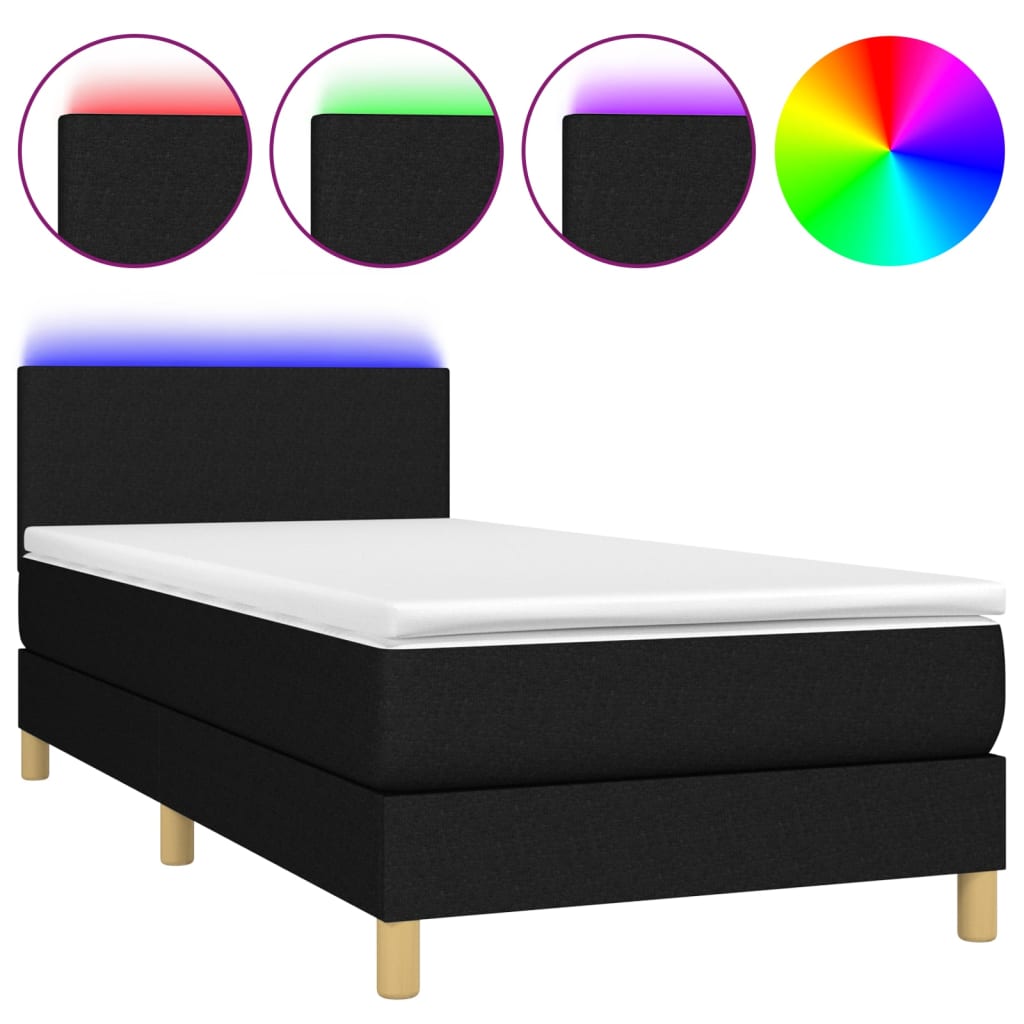 fekete szövet rugós és LED-es ágy matraccal 90x190 cm