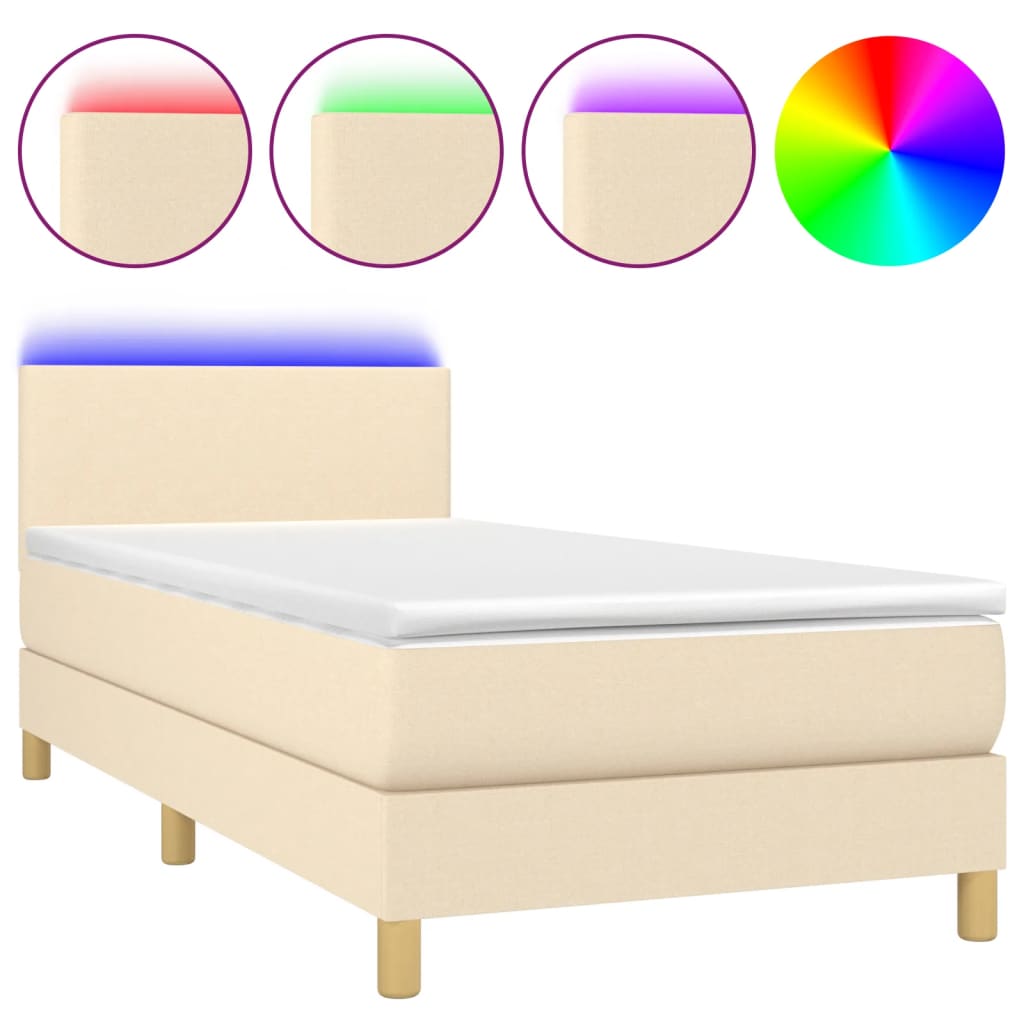 krémszínű szövet rugós és LED-es ágy matraccal 90x190 cm