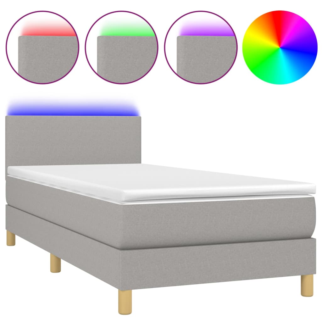világosszürke szövet rugós és LED-es ágy matraccal 90x200 cm