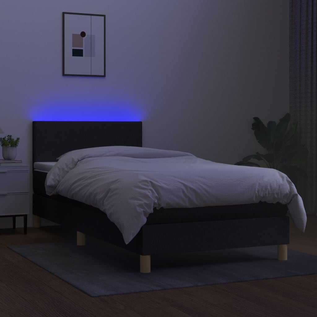 fekete szövet rugós és LED-es ágy matraccal 90x200 cm