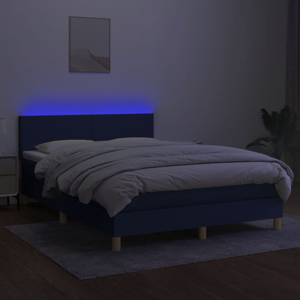 kék szövet rugós és LED-es ágy matraccal 140x200 cm