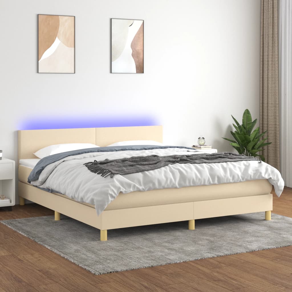 krémszínű szövet rugós és LED-es ágy matraccal 160x200 cm