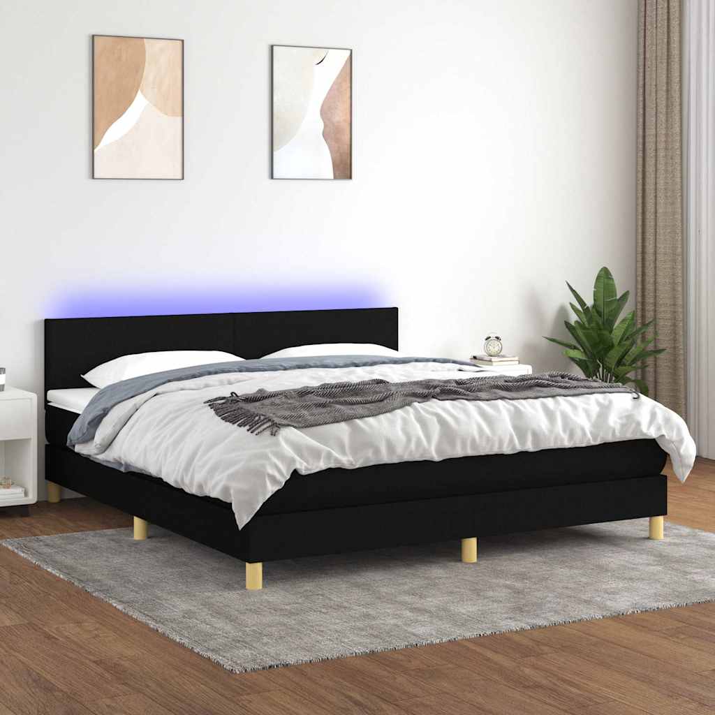 fekete szövet rugós és LED-es ágy matraccal 180 x 200 cm