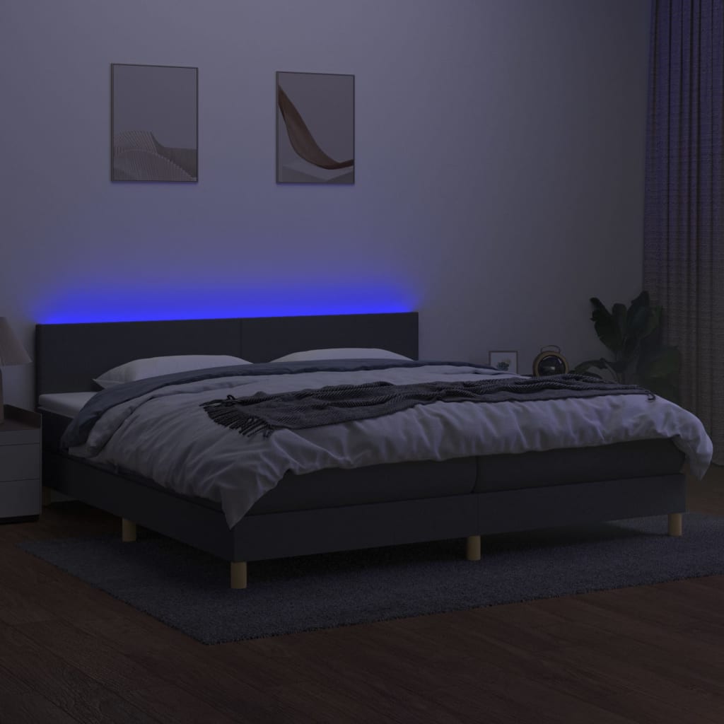 sötétszürke szövet rugós és LED-es ágy matraccal 200x200 cm