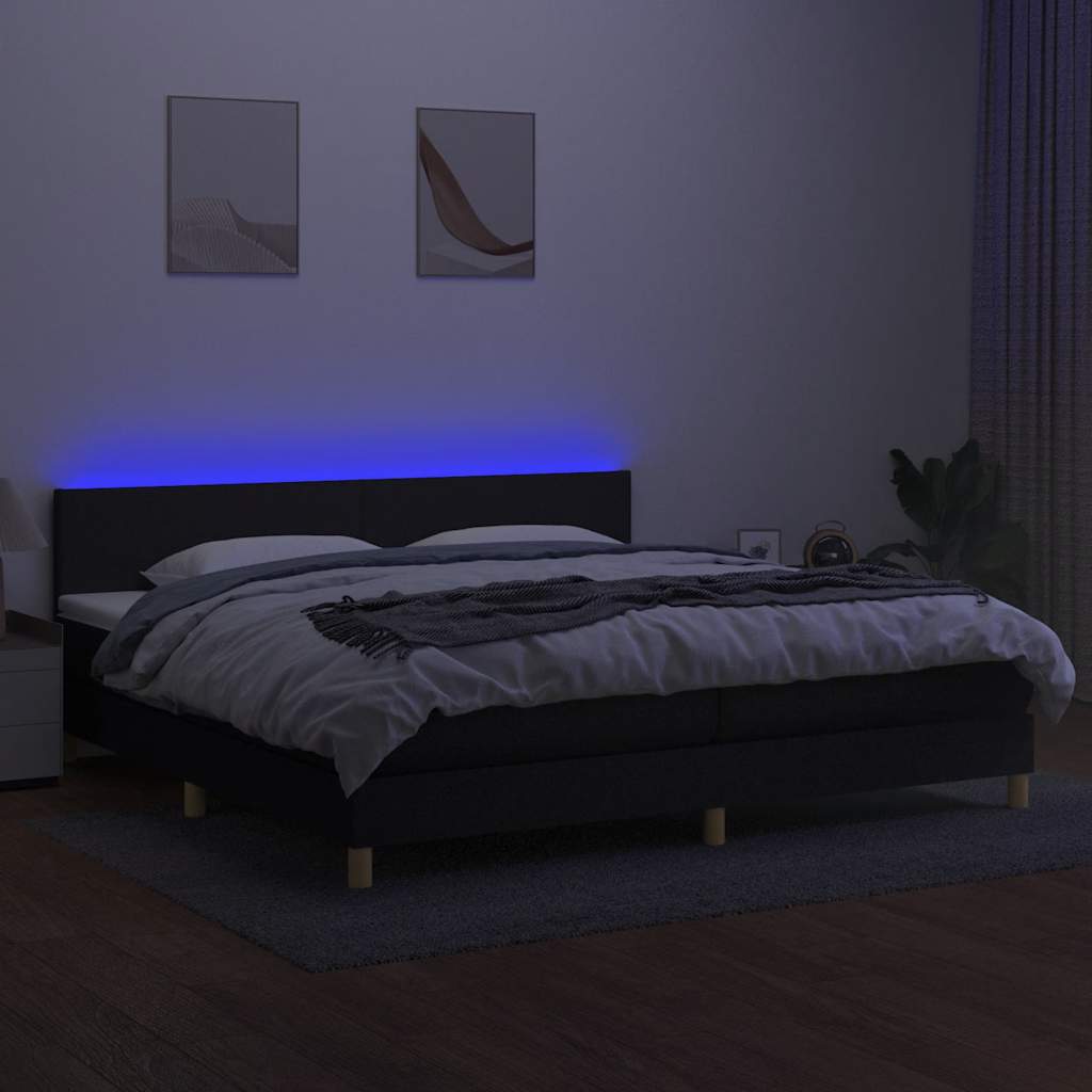 fekete szövet rugós és LED-es ágy matraccal 200x200 cm