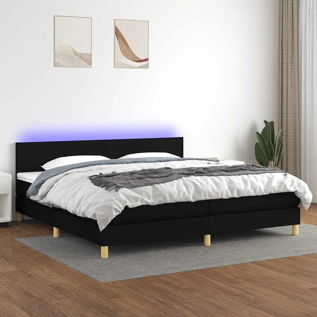 fekete szövet rugós és LED-es ágy matraccal 200x200 cm