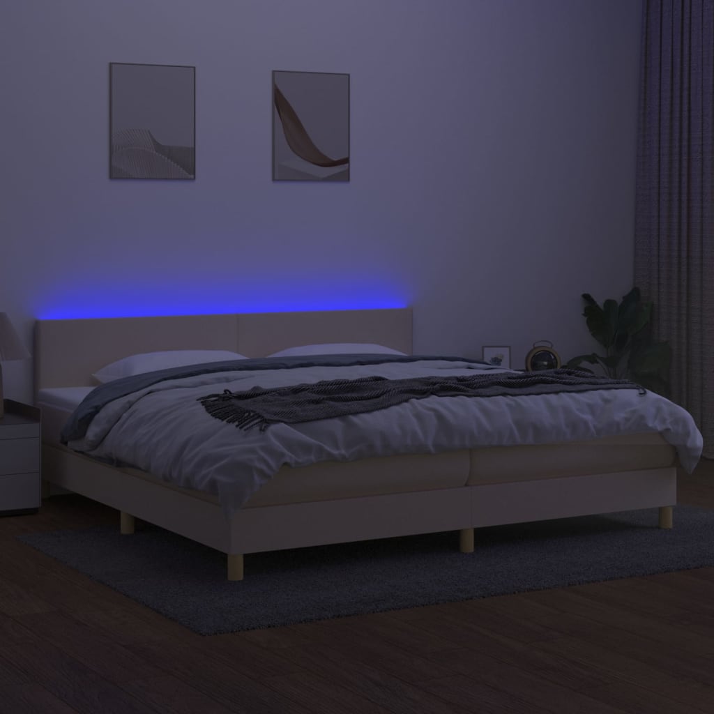 krémszínű szövet rugós és LED-es ágy matraccal 200 x 200 cm