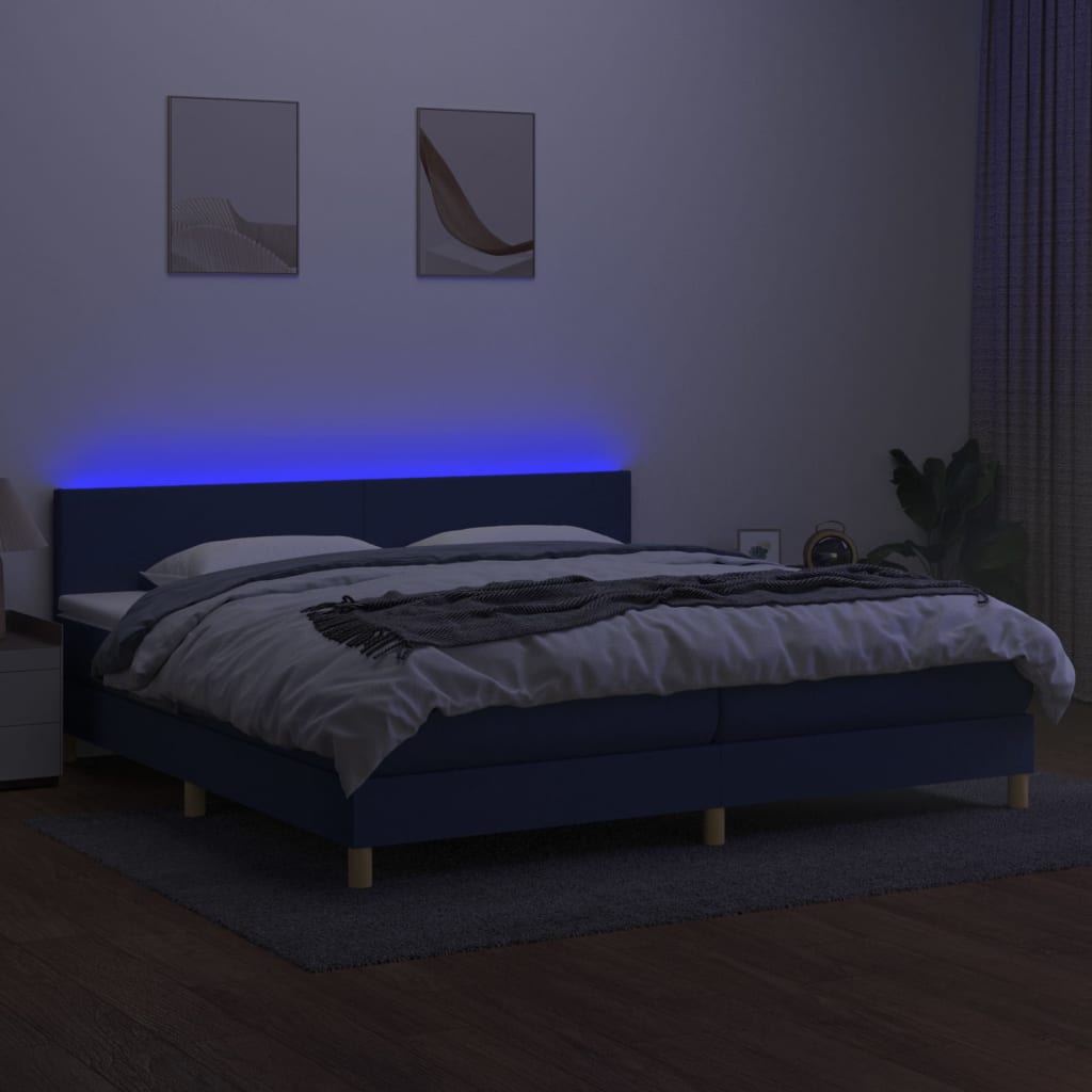 kék szövet rugós és LED-es ágy matraccal 200 x 200 cm