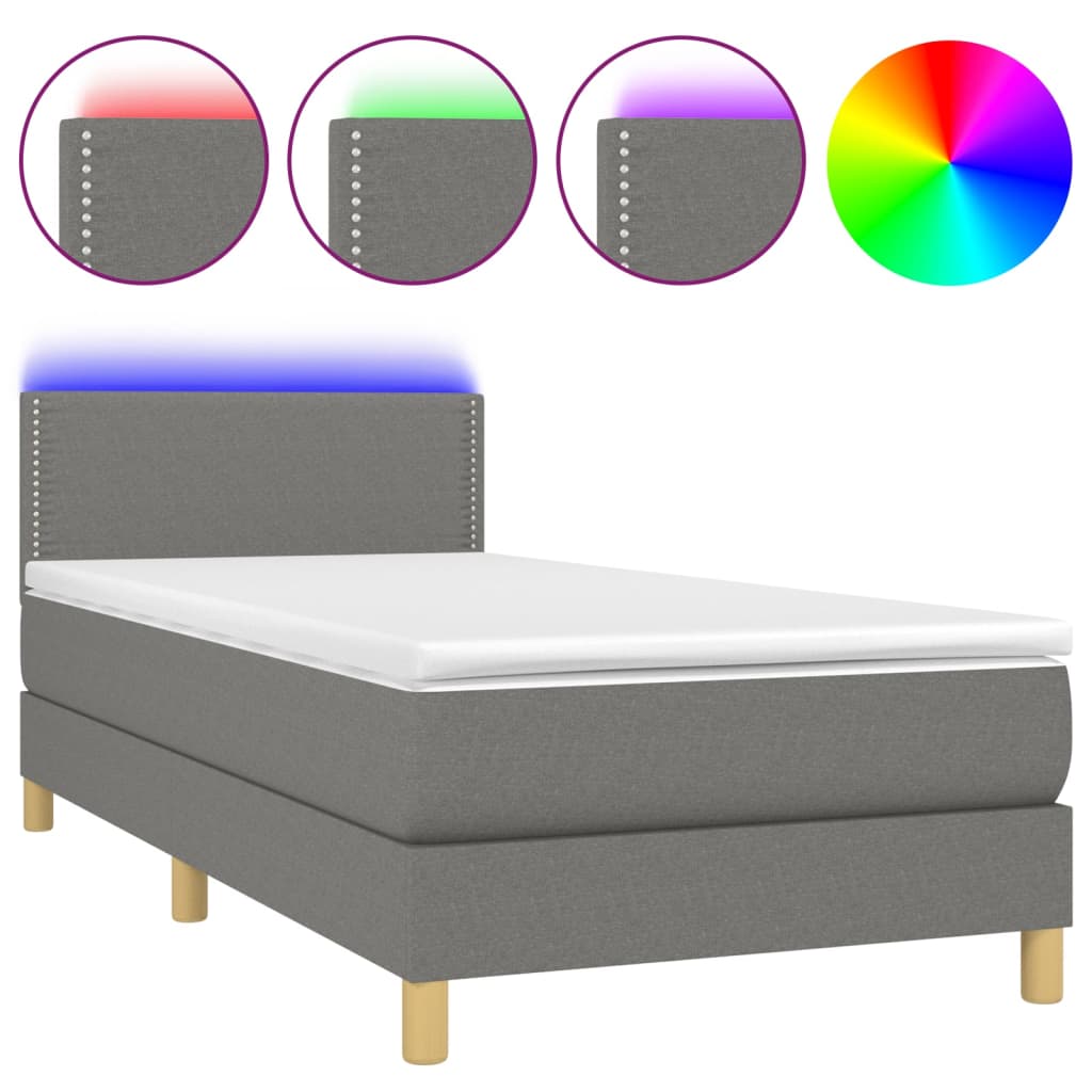 sötétszürke szövet rugós és LED-es ágy matraccal 80 x 200 cm