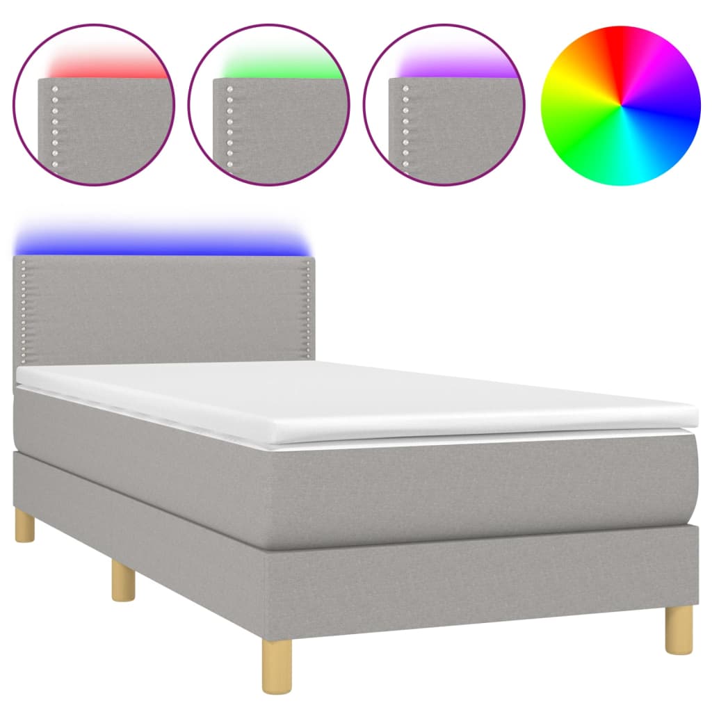 világosszürke szövet rugós és LED-es ágy matraccal 90x190 cm