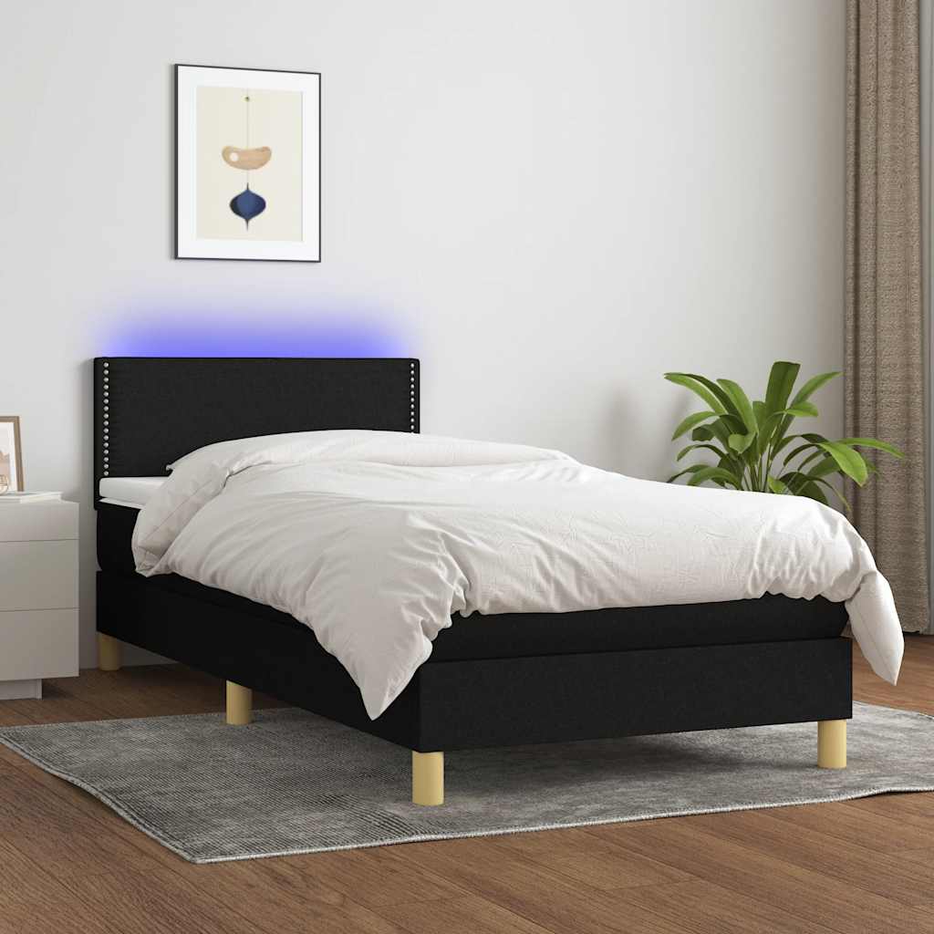 fekete szövet rugós és LED-es ágy matraccal 90x190 cm