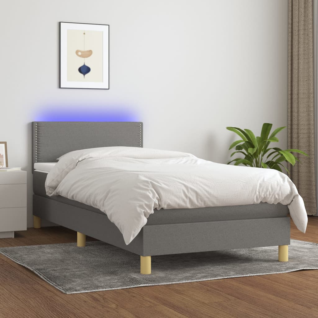 sötétszürke szövet rugós és LED-es ágy matraccal 90x200 cm