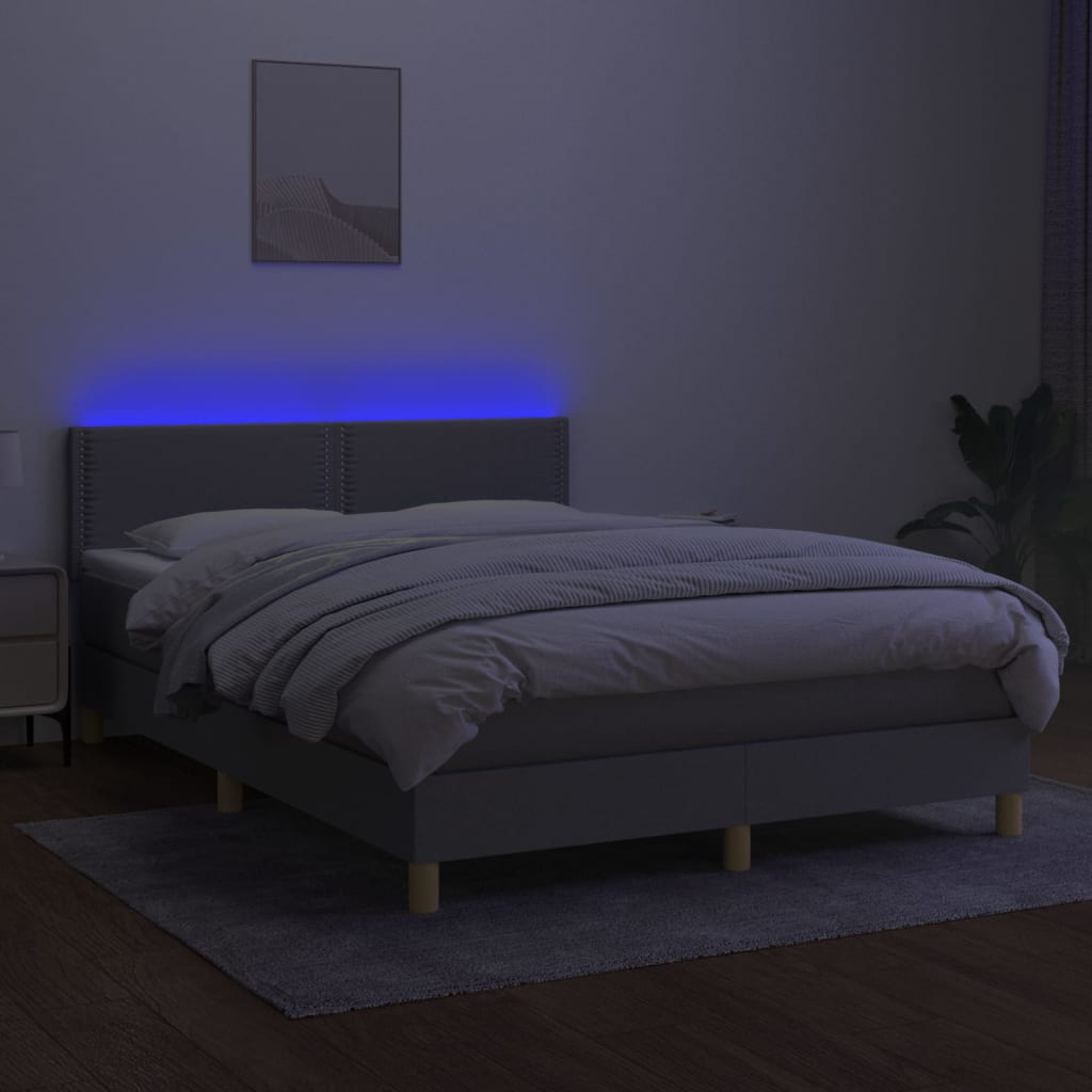 világosszürke szövet rugós és LED-es ágy matraccal 140x190 cm