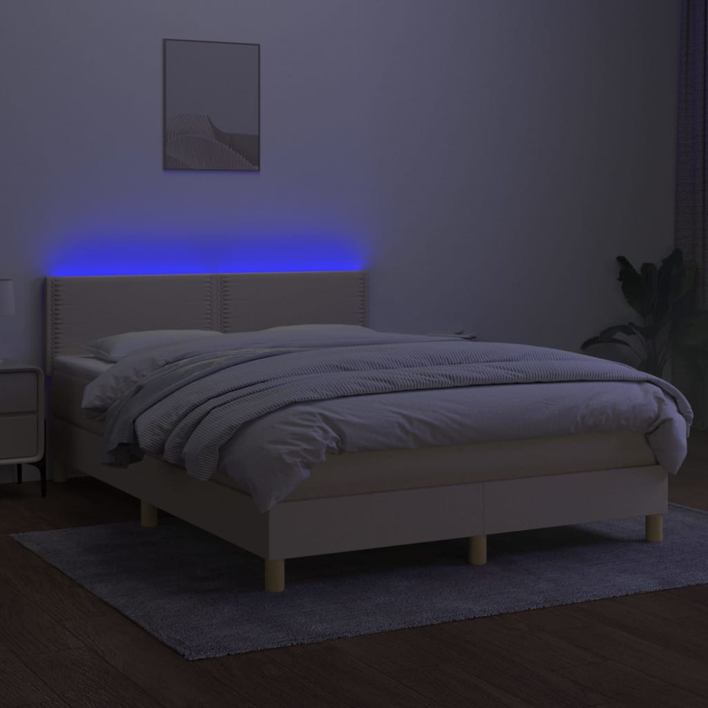 krémszínű szövet rugós és LED-es ágy matraccal 140x200 cm