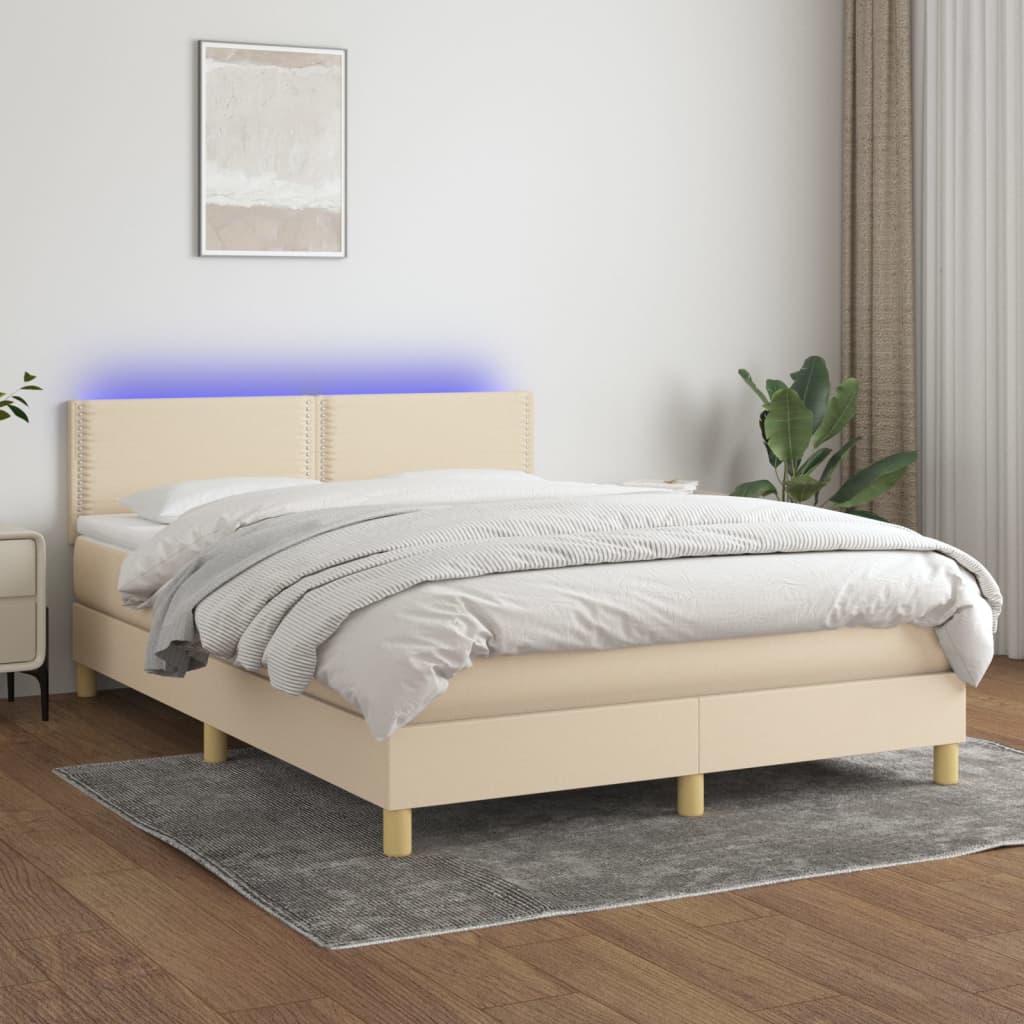 krémszínű szövet rugós és LED-es ágy matraccal 140x200 cm