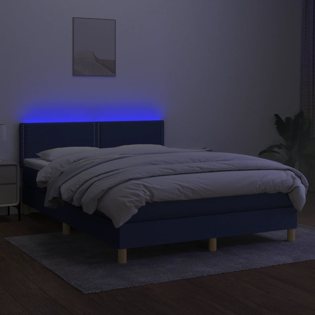 kék szövet rugós és LED-es ágy matraccal 140x200 cm