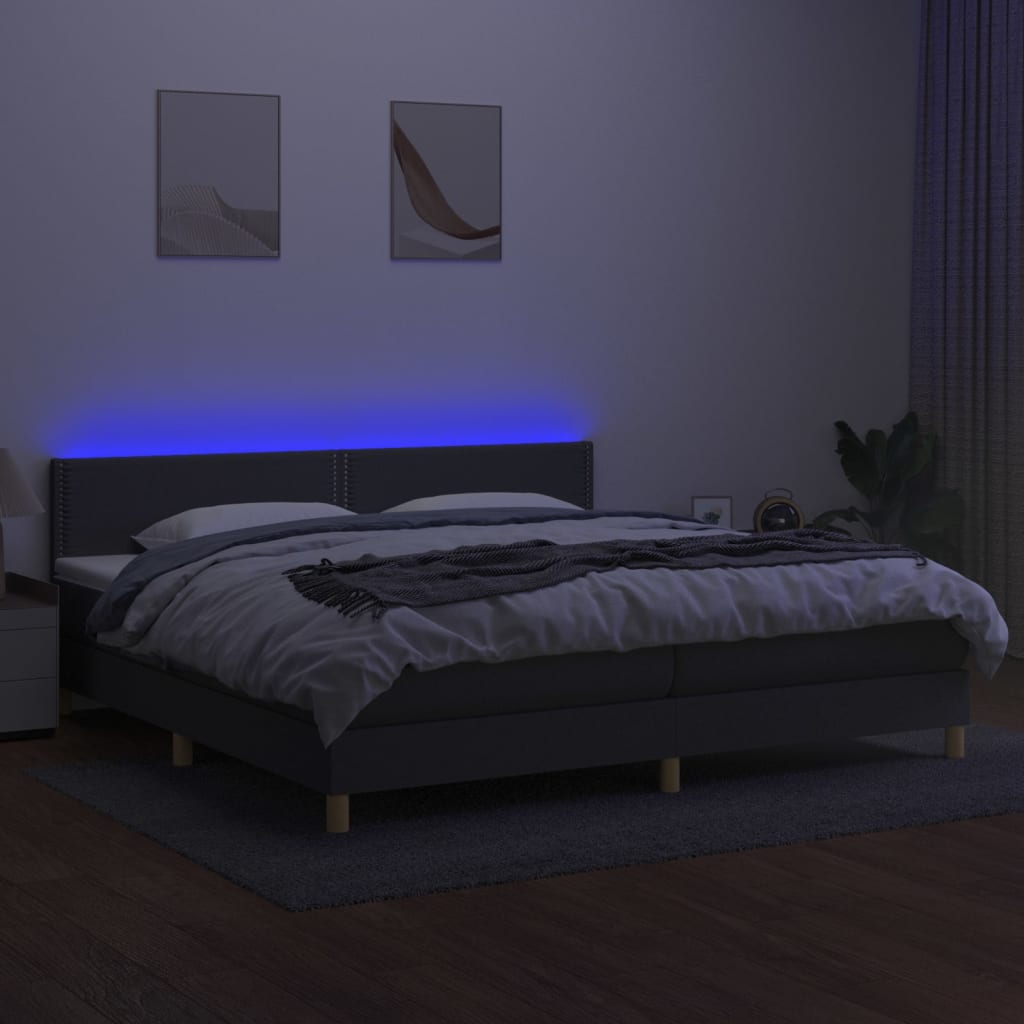 sötétszürke szövet rugós és LED-es ágy matraccal 200x200 cm