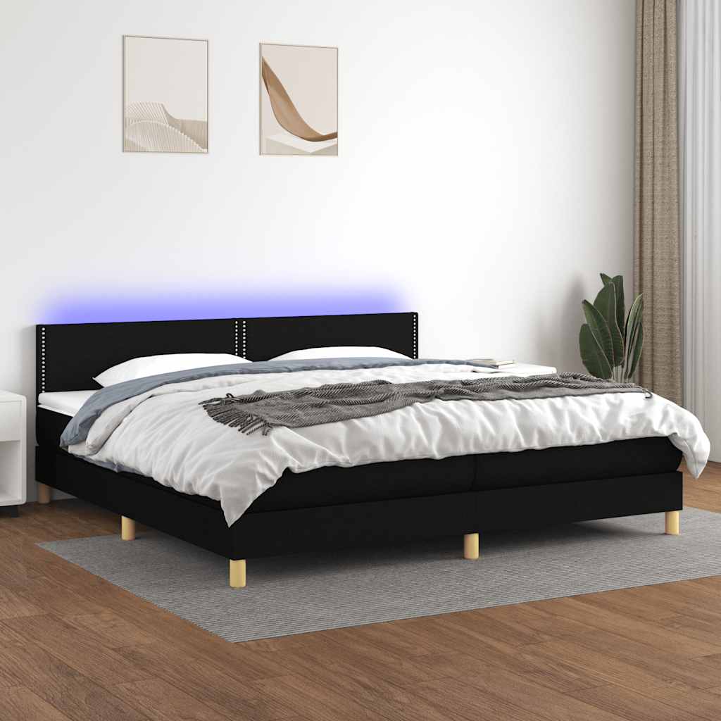 fekete szövet rugós és LED-es ágy matraccal 200x200 cm