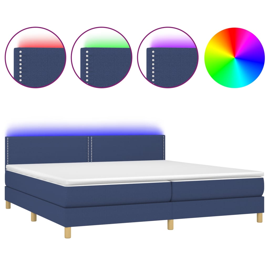 kék szövet rugós és LED-es ágy matraccal 200 x 200 cm
