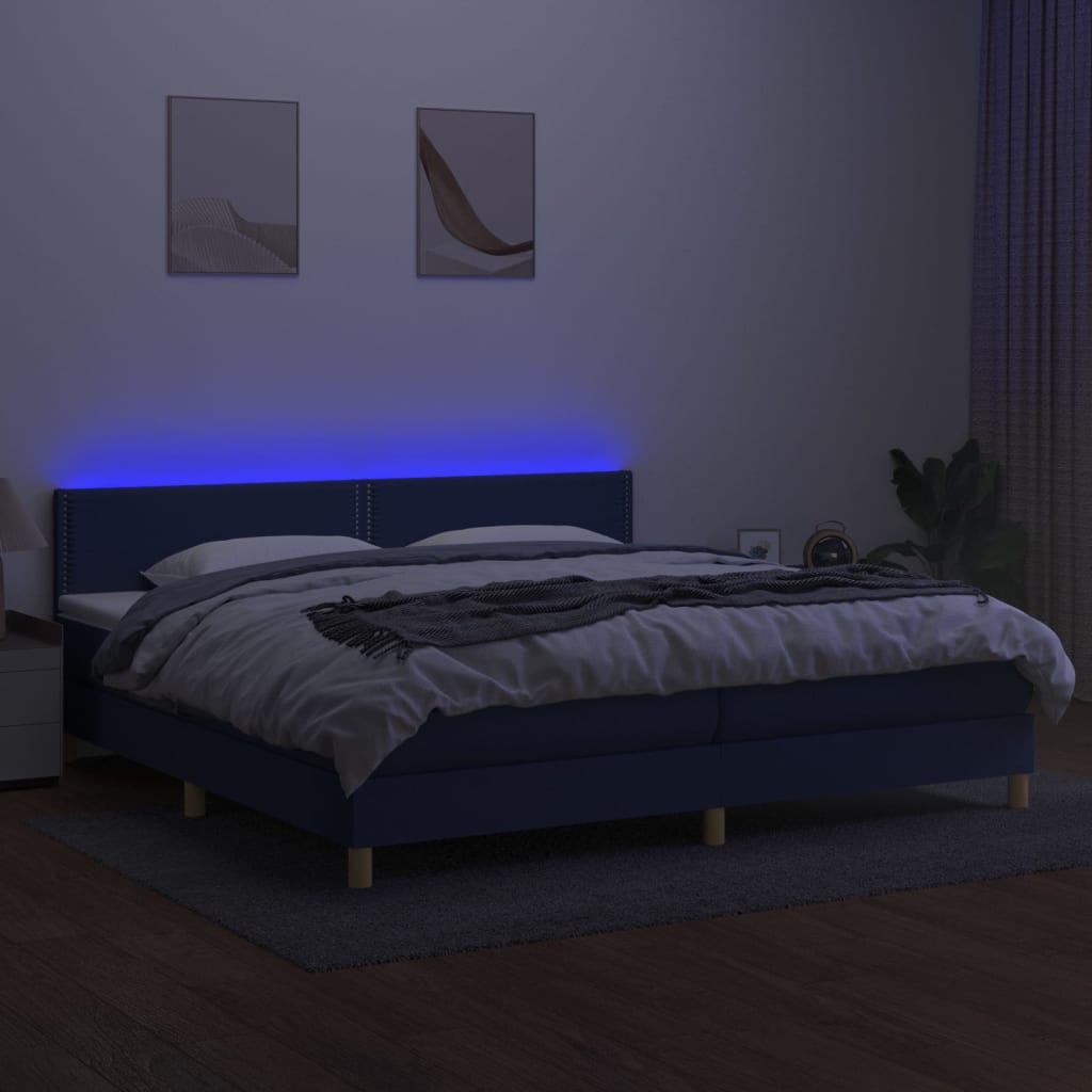 kék szövet rugós és LED-es ágy matraccal 200 x 200 cm