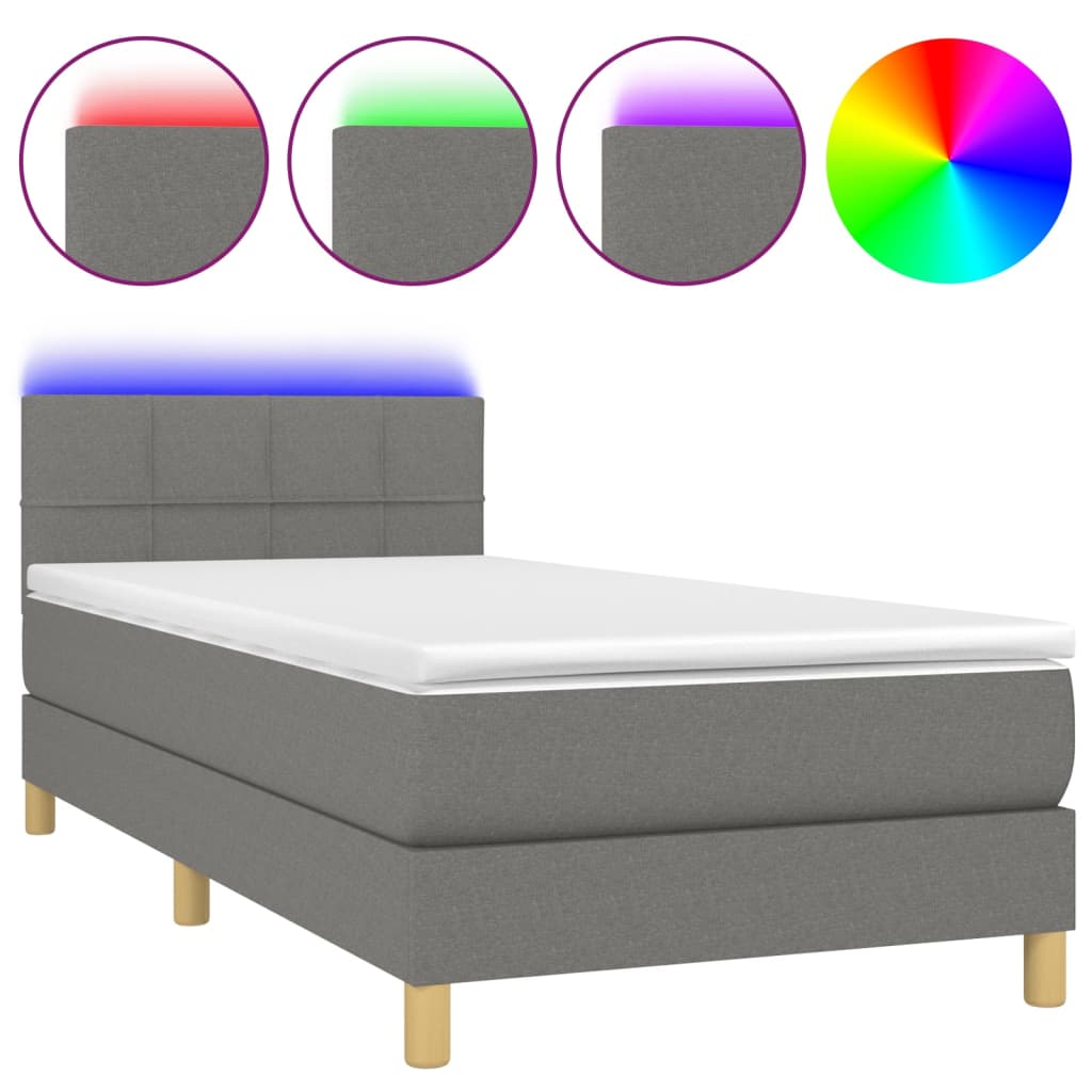 sötétszürke szövet rugós és LED-es ágy matraccal 80 x 200 cm