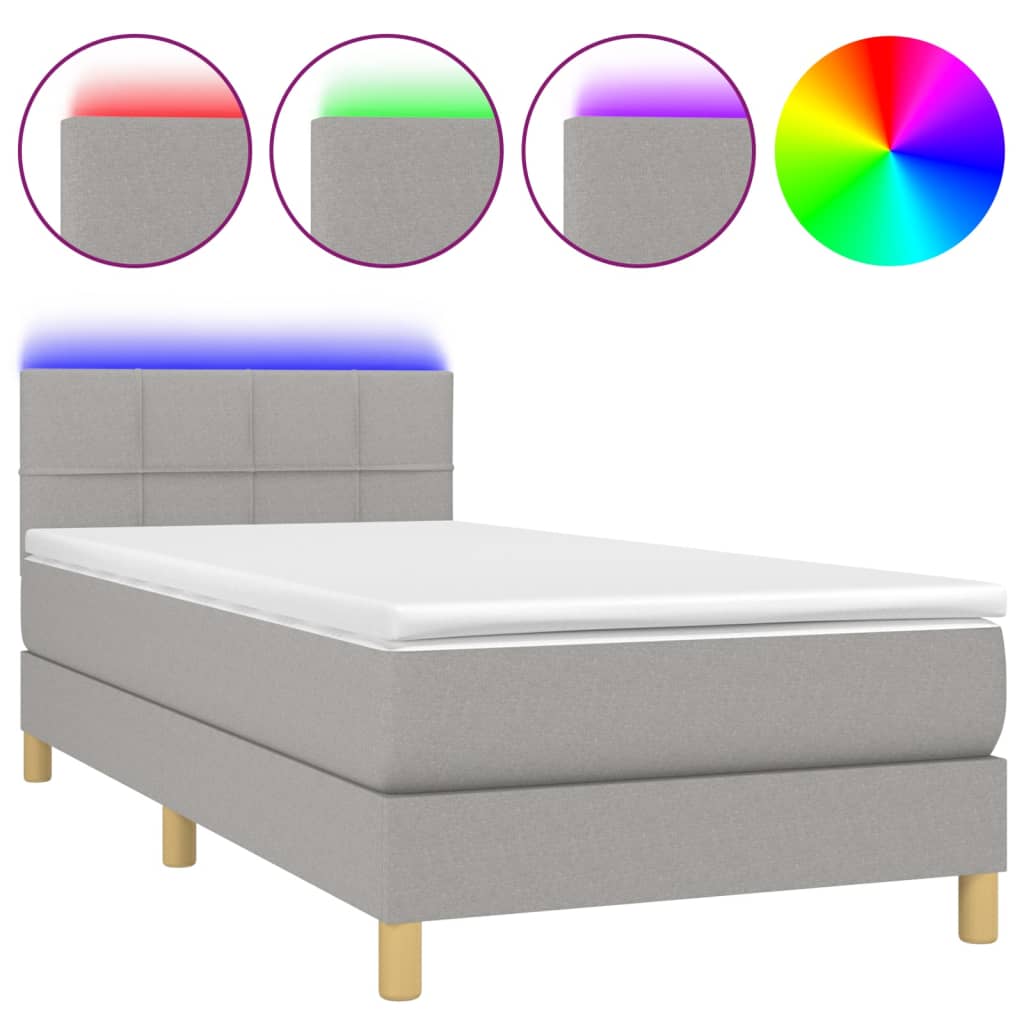 világosszürke szövet rugós és LED-es ágy matraccal 90x200 cm