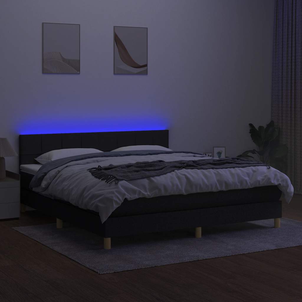 fekete szövet rugós és LED-es ágy matraccal 180 x 200 cm