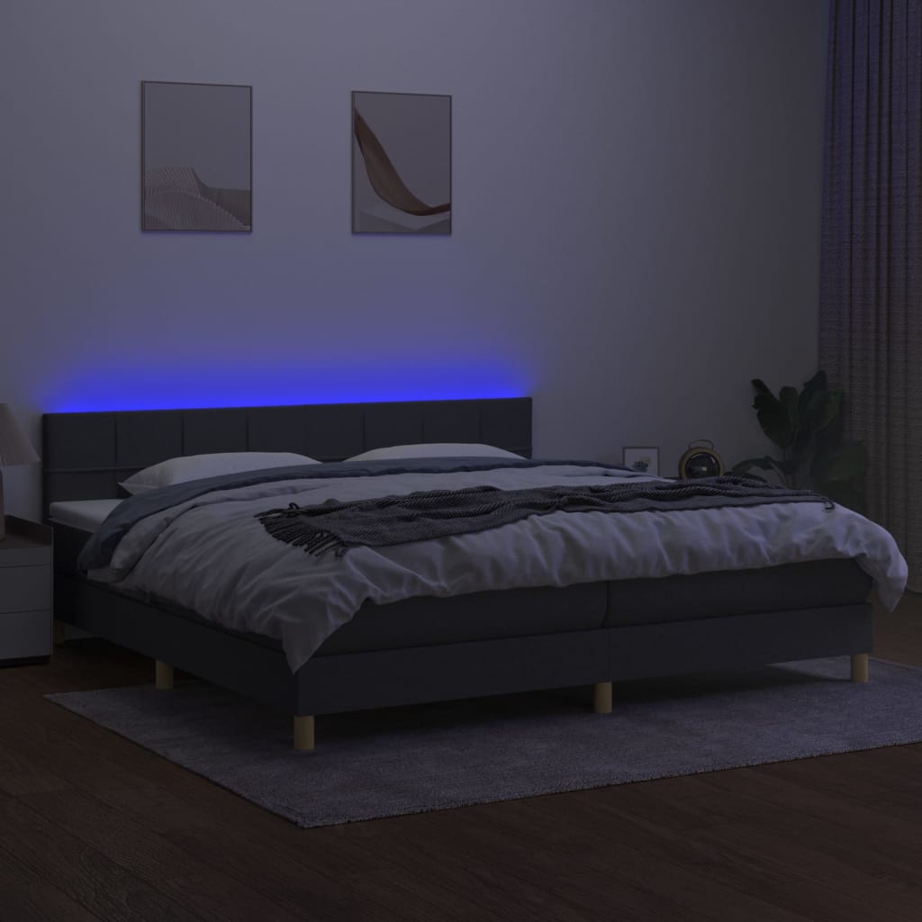 sötétszürke szövet rugós és LED-es ágy matraccal 200x200 cm