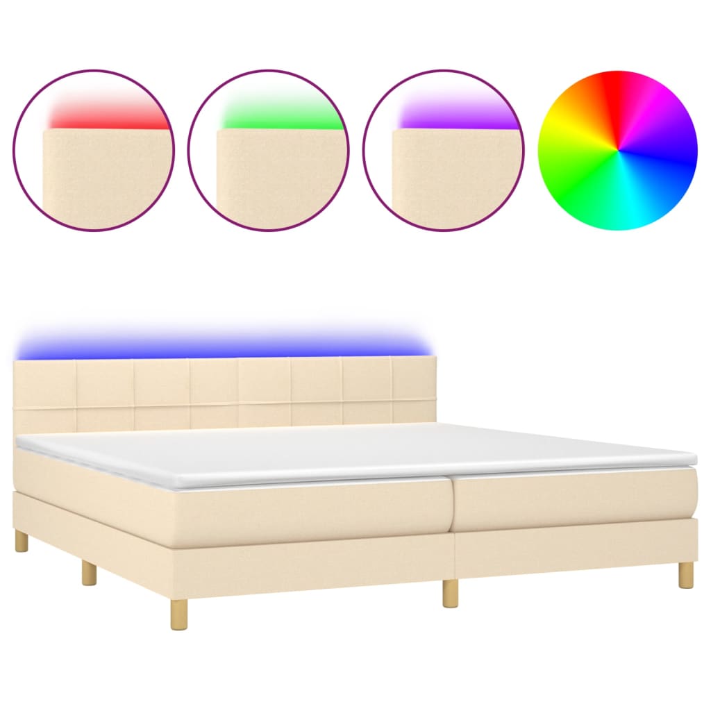 krémszínű szövet rugós és LED-es ágy matraccal 200 x 200 cm