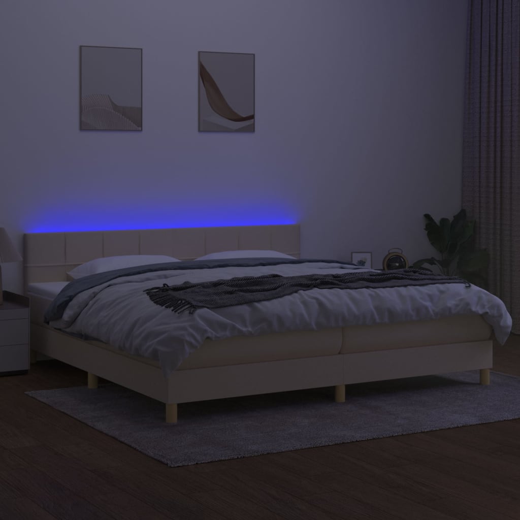 krémszínű szövet rugós és LED-es ágy matraccal 200 x 200 cm