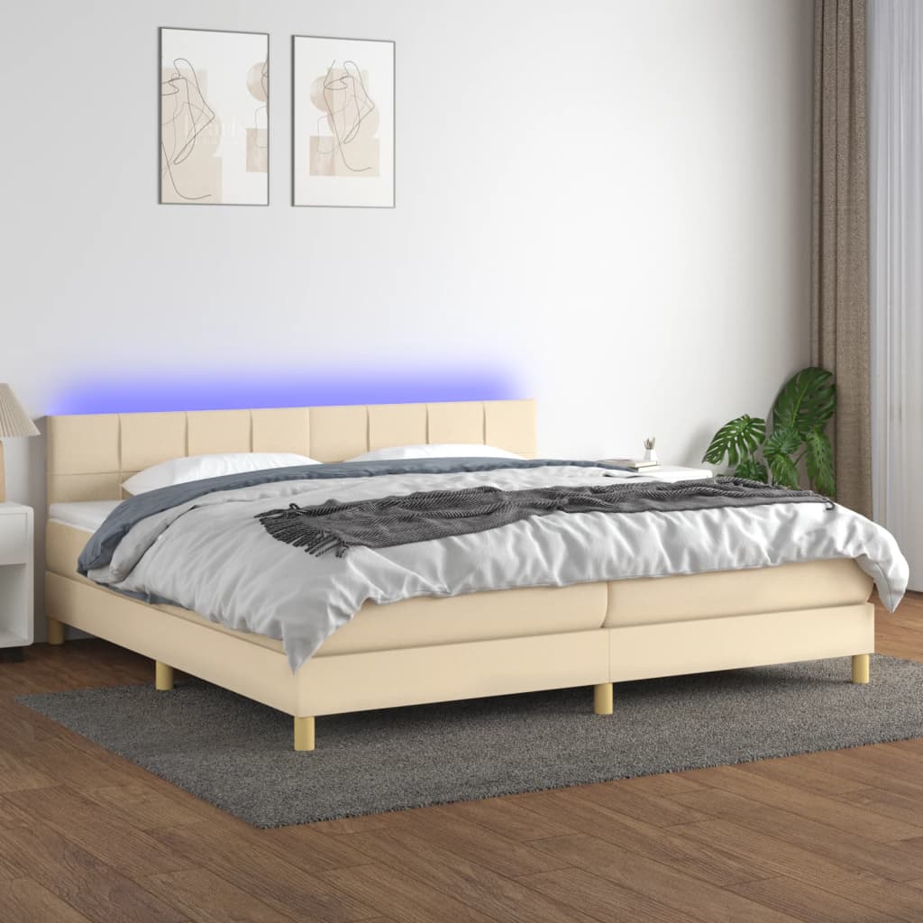 krémszínű szövet rugós és LED-es ágy matraccal 200 x 200 cm