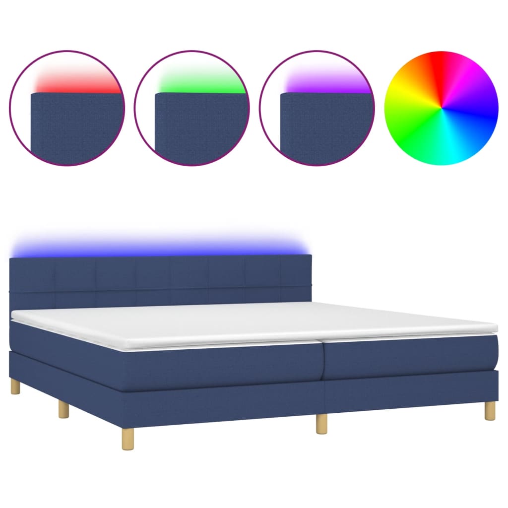 kék szövet rugós és LED-es ágy matraccal 200 x 200 cm