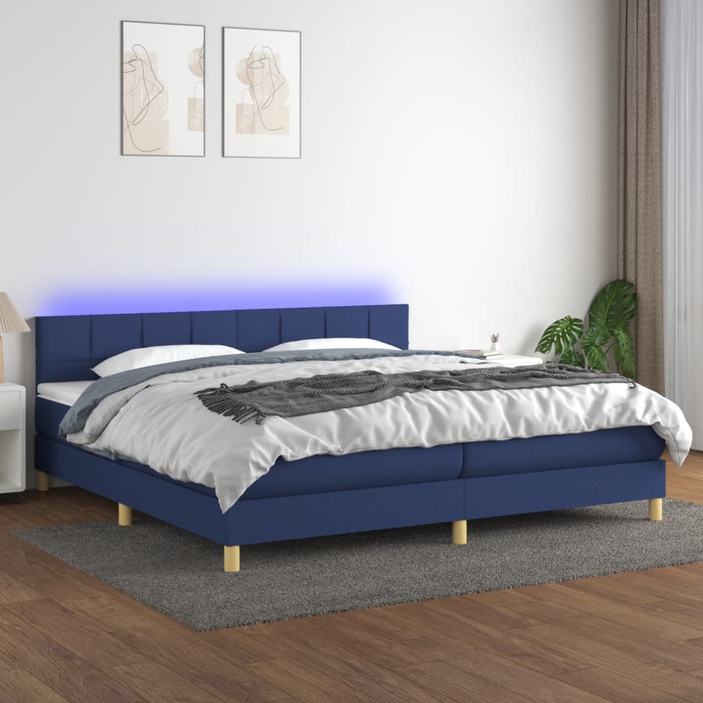 kék szövet rugós és LED-es ágy matraccal 200 x 200 cm