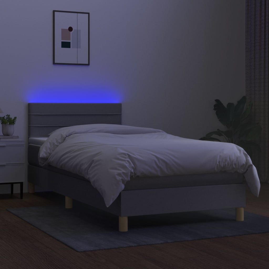 világosszürke szövet rugós és LED-es ágy matraccal 90x190 cm