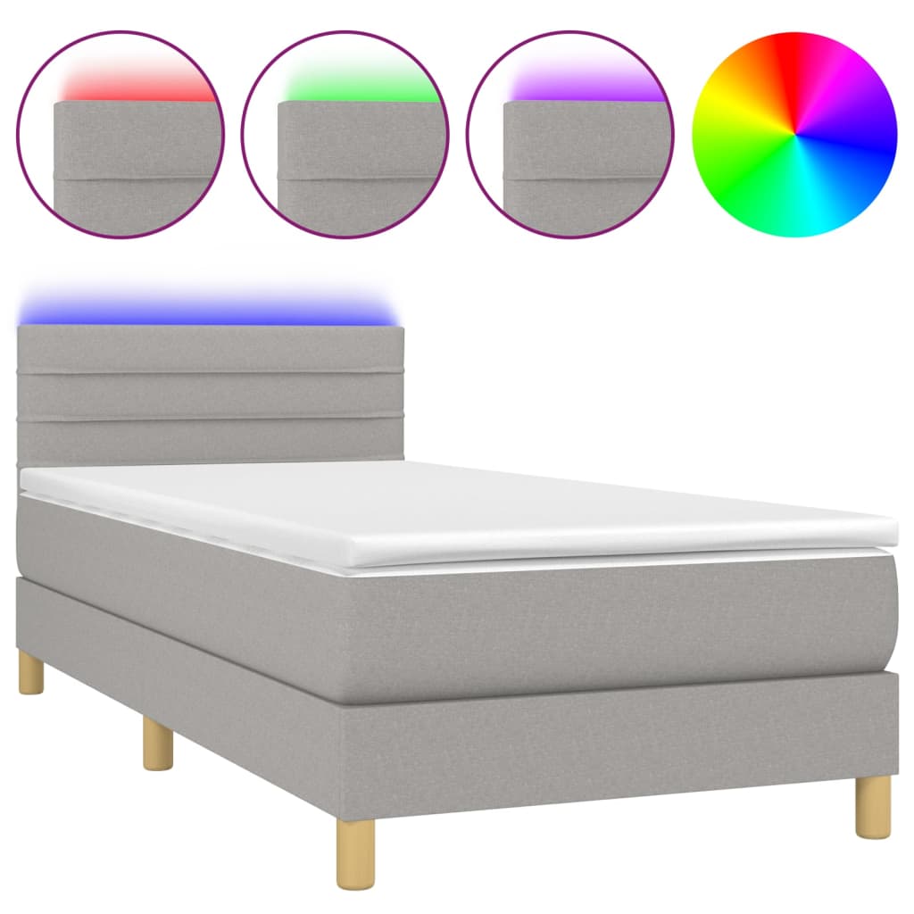 világosszürke szövet rugós és LED-es ágy matraccal 90x200 cm