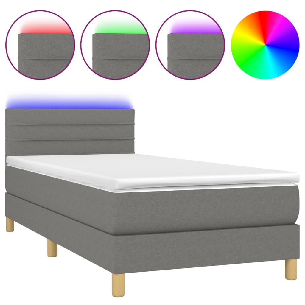 sötétszürke szövet rugós és LED-es ágy matraccal 90x200 cm