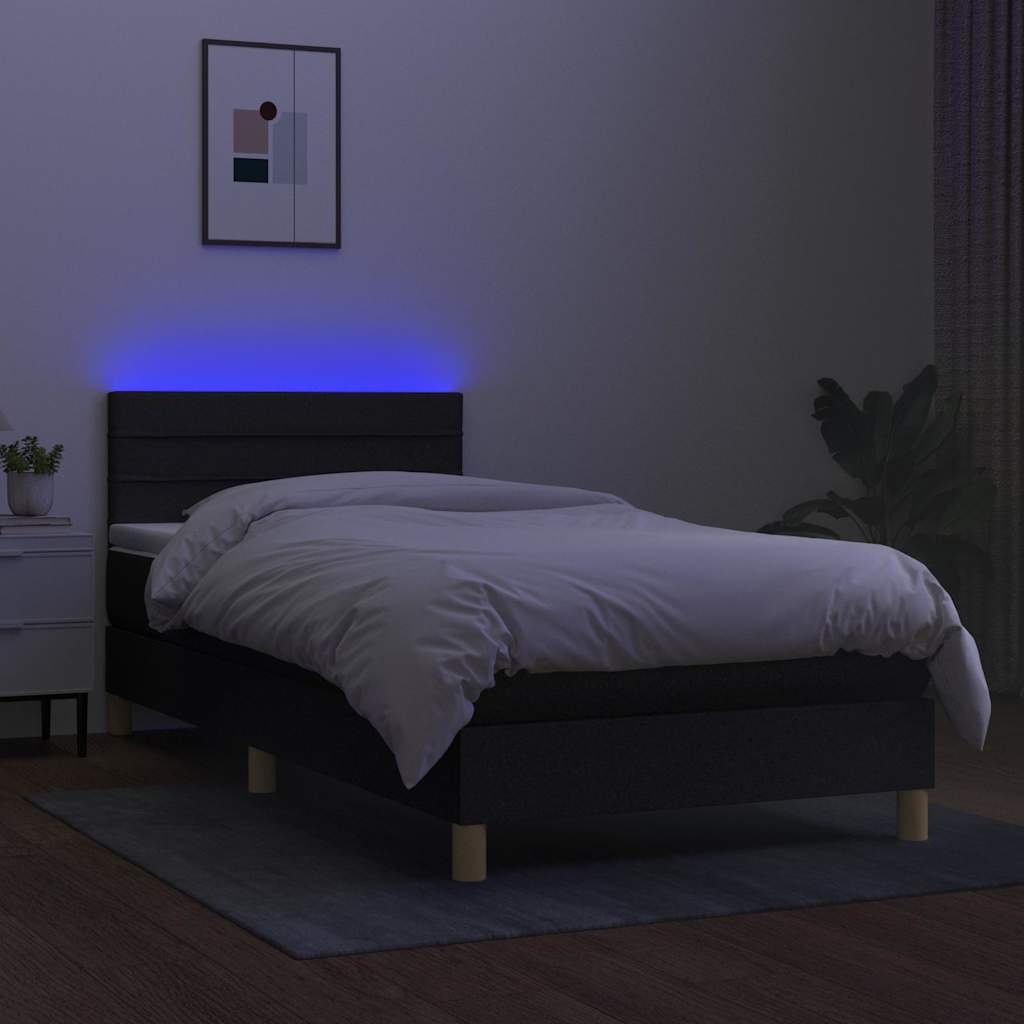 fekete szövet rugós és LED-es ágy matraccal 90x200 cm