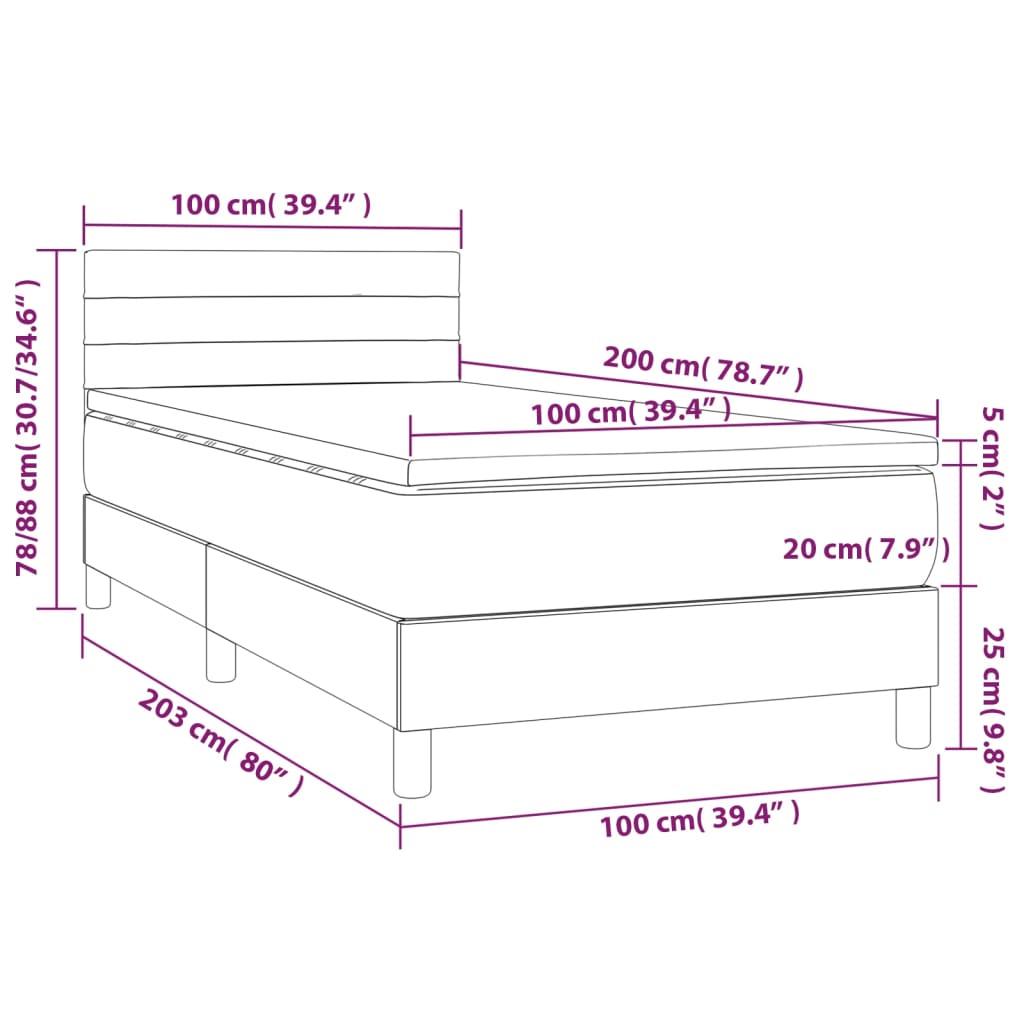 világosszürke szövet rugós és LED-es ágy matraccal 100x200 cm