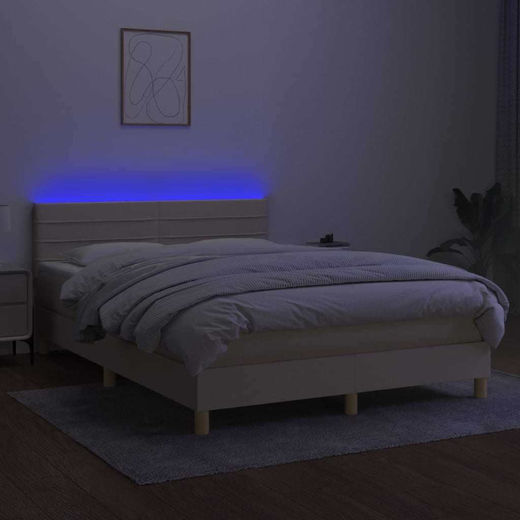 krémszínű szövet rugós és LED-es ágy matraccal 140x200 cm
