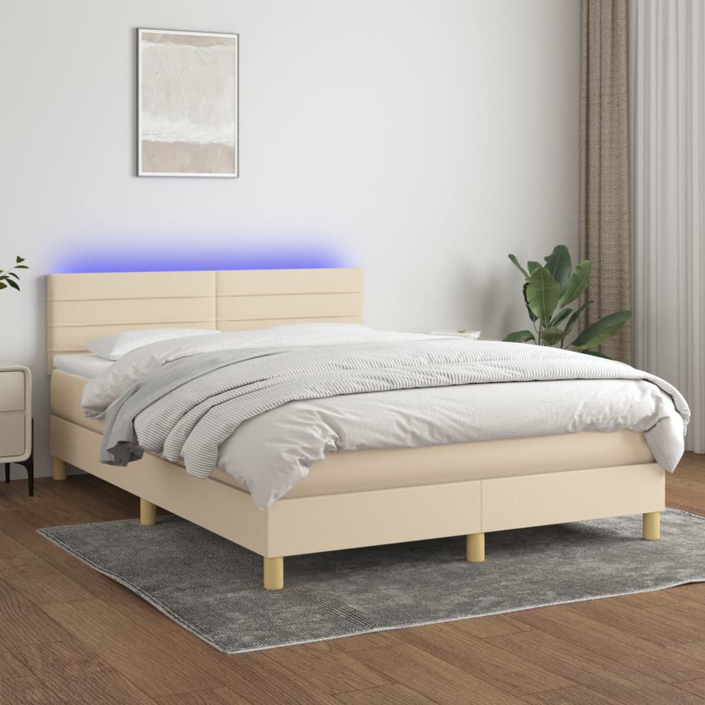 krémszínű szövet rugós és LED-es ágy matraccal 140x200 cm