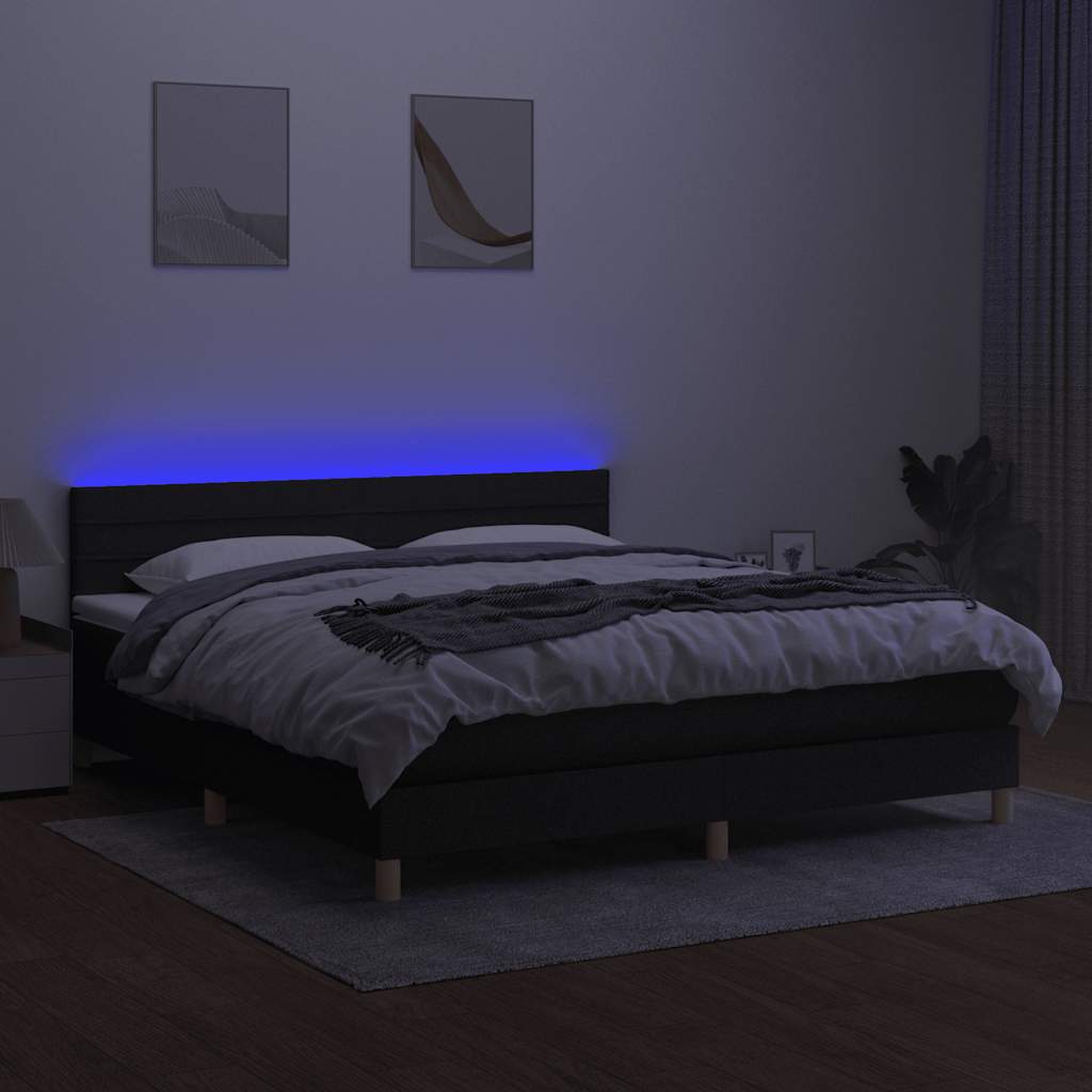 fekete szövet rugós és LED-es ágy matraccal 180 x 200 cm