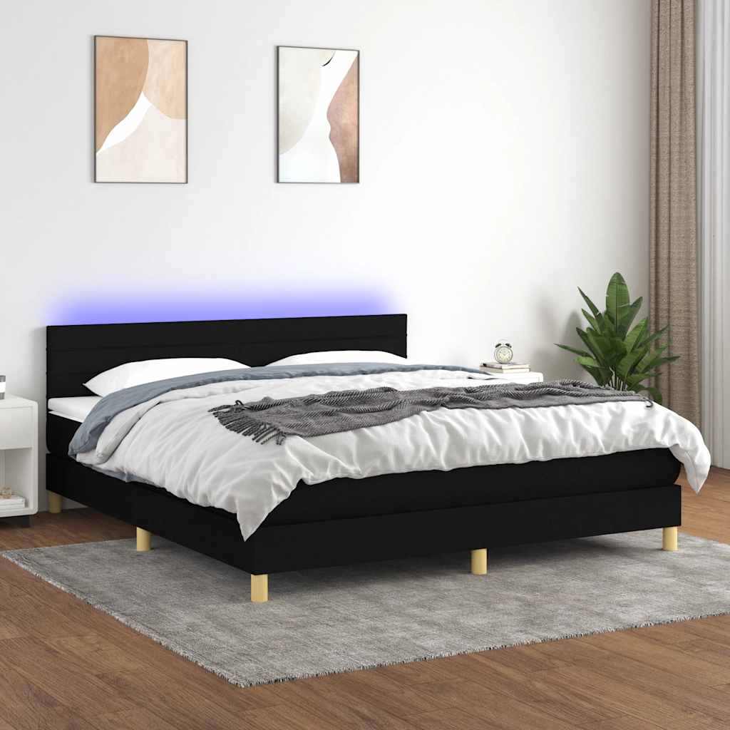 fekete szövet rugós és LED-es ágy matraccal 180 x 200 cm