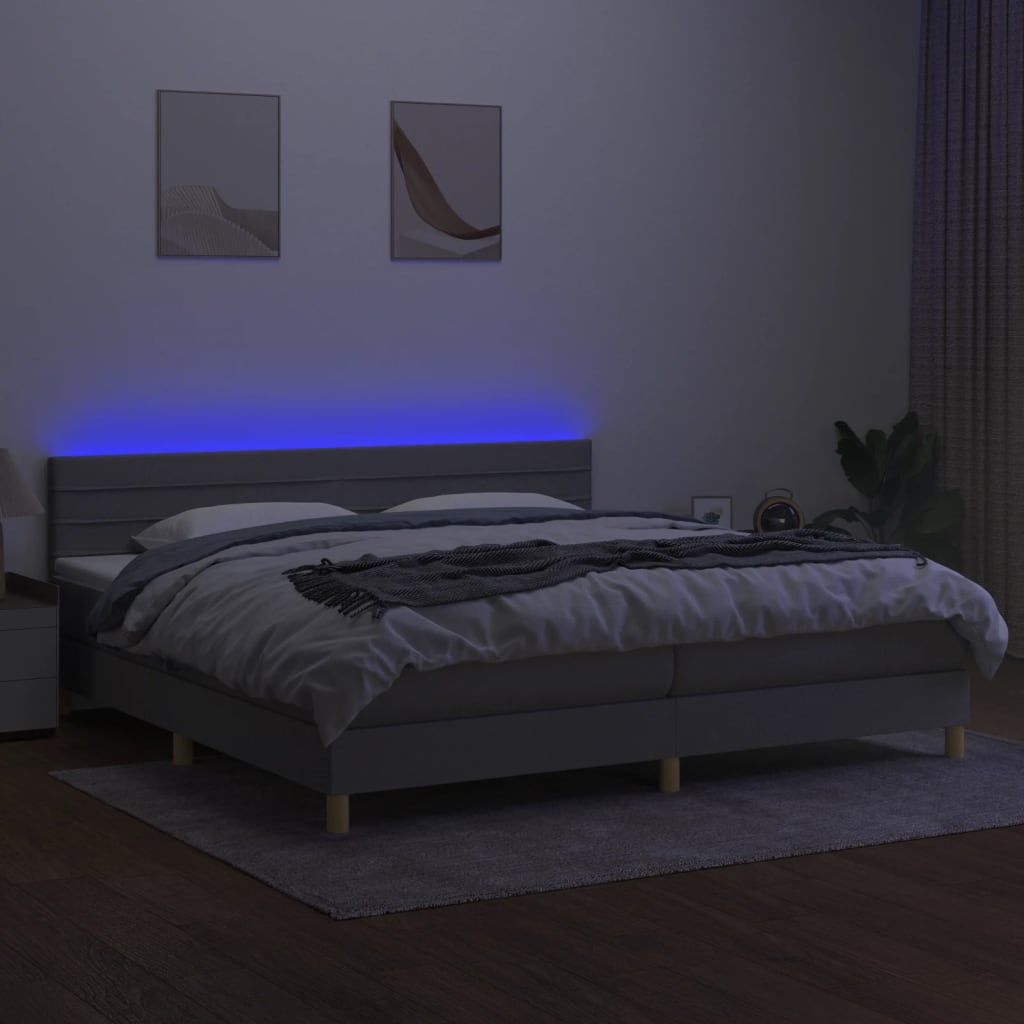 világosszürke szövet rugós és LED-es ágy matraccal 200x200 cm
