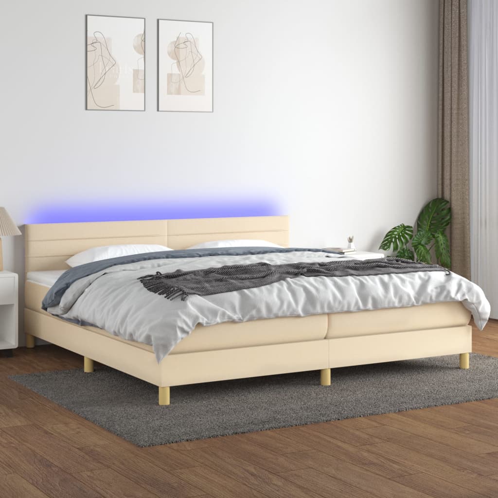krémszínű szövet rugós és LED-es ágy matraccal 200 x 200 cm