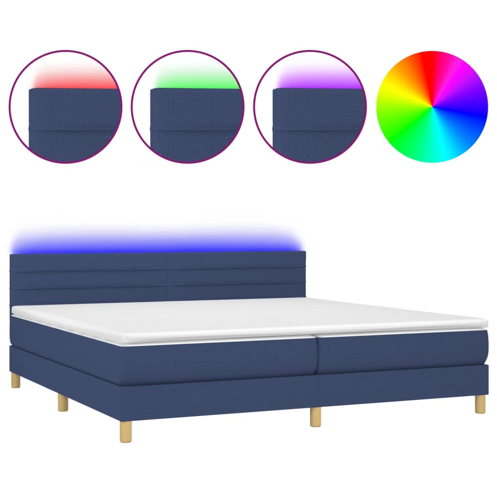 kék szövet rugós és LED-es ágy matraccal 200 x 200 cm