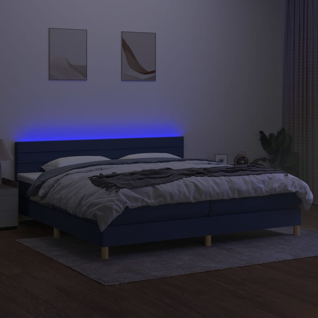 kék szövet rugós és LED-es ágy matraccal 200 x 200 cm